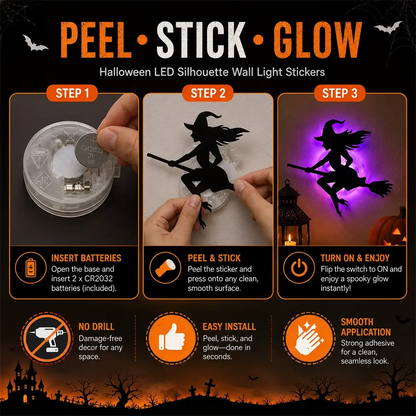 8PCS/14PCS LED Halloween Wall Sticker 3D Hollow Night Light Bat Pumpkin, Spider Witch Castle Ghost Party Wall Decoration Ornamen