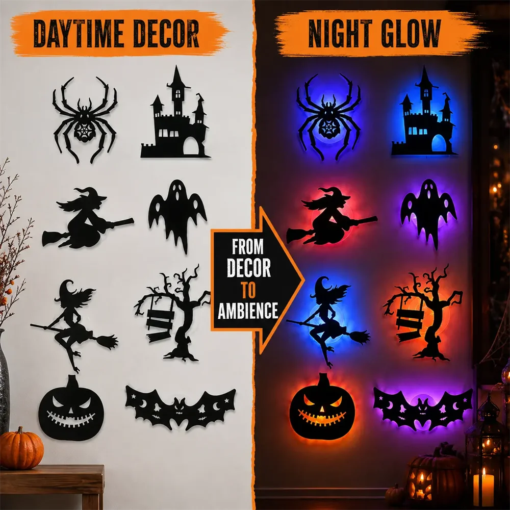 8PCS/14PCS LED Halloween Wall Sticker 3D Hollow Night Light Bat Pumpkin, Spider Witch Castle Ghost Party Wall Decoration Ornamen