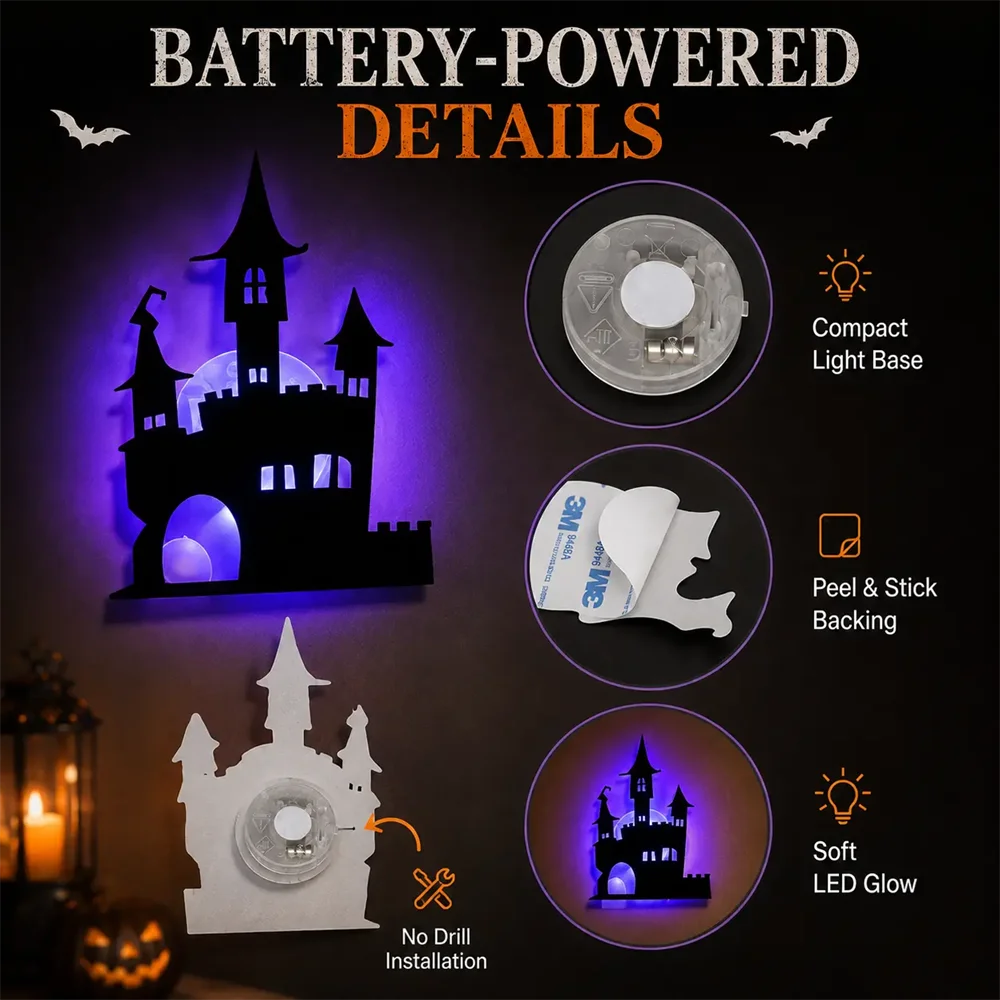 8PCS/14PCS LED Halloween Wall Sticker 3D Hollow Night Light Bat Pumpkin, Spider Witch Castle Ghost Party Wall Decoration Ornamen