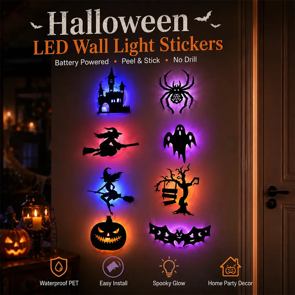 8PCS/14PCS LED Halloween Wall Sticker 3D Hollow Night Light Bat Pumpkin, Spider Witch Castle Ghost Party Wall Decoration Ornamen
