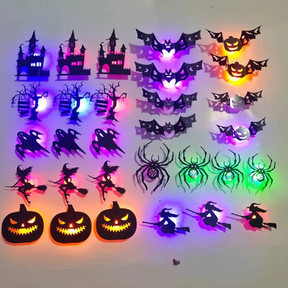 8PCS/14PCS LED Halloween Wall Sticker 3D Hollow Night Light Bat Pumpkin, Spider Witch Castle Ghost Party Wall Decoration Ornamen