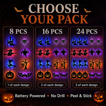 8PCS/14PCS LED Halloween Wall Sticker 3D Hollow Night Light Bat Pumpkin, Spider Witch Castle Ghost Party Wall Decoration Ornamen