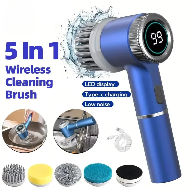 5 in 1 Electric Cleaning Brush Multifunctional Kitchen Bathroom Toilet Portable Powerful Clean Brush 5 Brush Heads LED